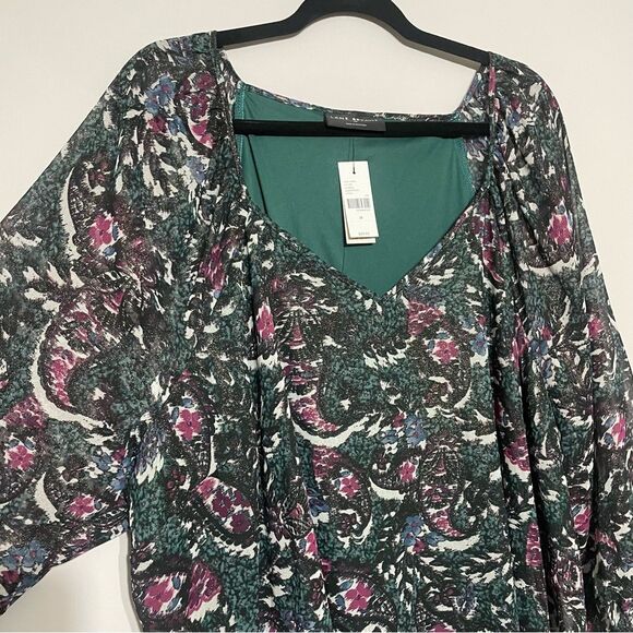 Lane Bryant Size 28 Emerald Green 3/4 Sleeve Metallic Floral Blouse - Picture 2 of 9